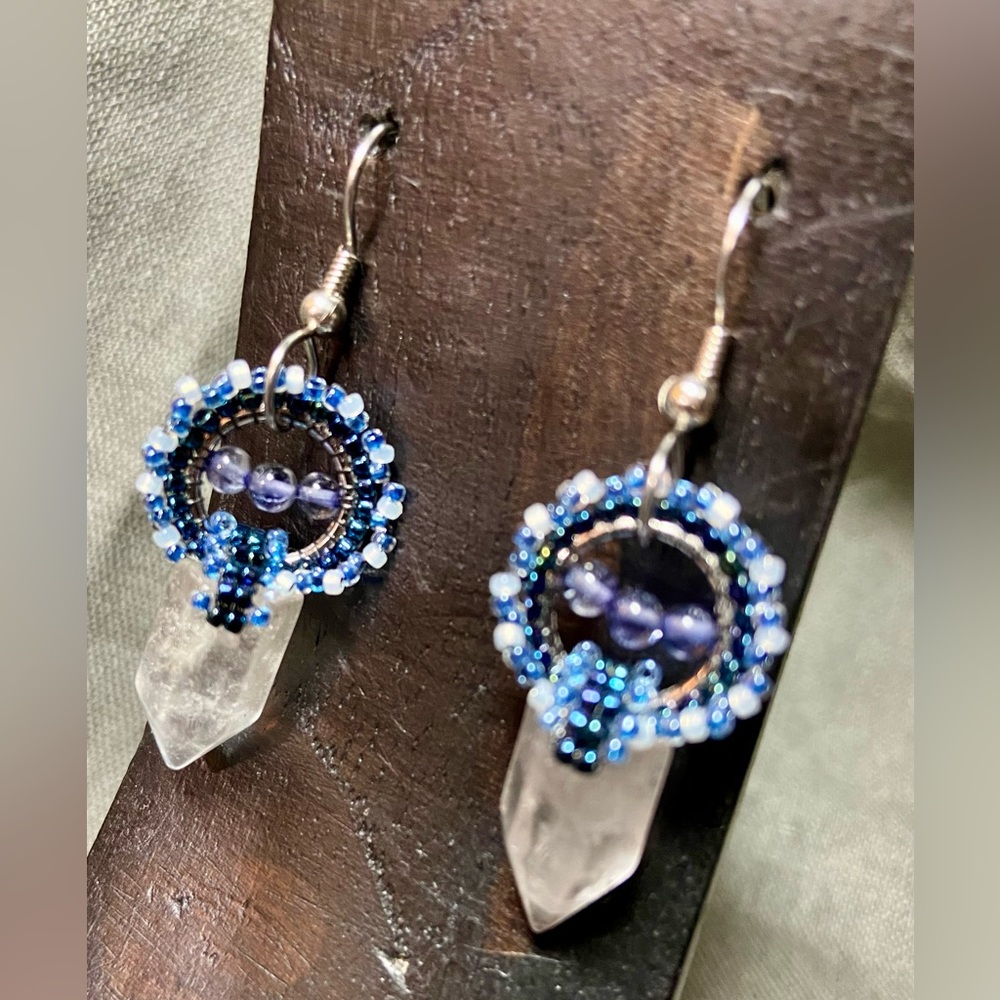 Beaded Quartz with Iolite Earrings Hand Crafted